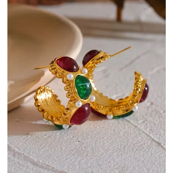 Gemstone Hoop Earrings PVD Gold Plated Stainless Steel with Pearls Natural Stone - Picture 6 of 14